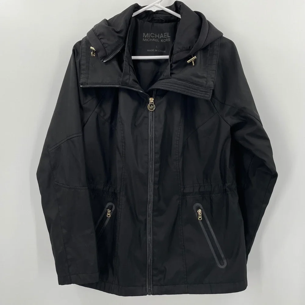 MICHAEL‎ KORS Womens Black Hooded Anorak Rain Jacket Size L Utility *Flaws*READ*